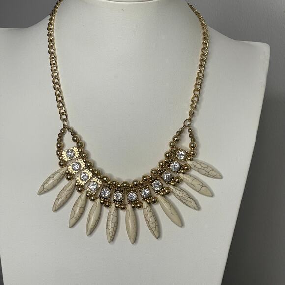 statement necklace costume jewelry collar style ecru polished stone gold tone - Picture 1 of 11